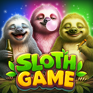 Three smiling cartoon sloths in a colorful jungle scene, one blowing bubble gum, with the Sloth Game title below