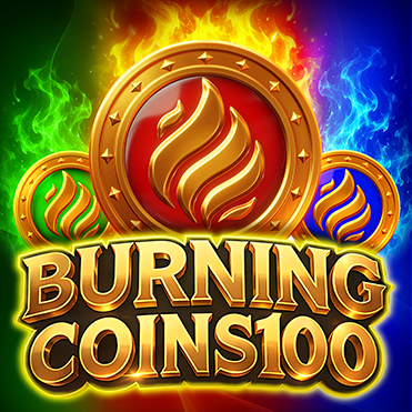 Burning Coins 100 game logo featuring three flaming gold coins with green, red, and blue fire on a dark background