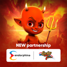Endorphina and Lucky 7 Casino partnership announcement featuring a devil mascot and branding, highlighting the launch of Endorphina’s premium online slot games on Lucky 7 Casino in the Netherlands.