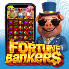 Fortune Bankers by Endorphina featuring three wealthy pig banker characters, highlighting the launch of the new online slot with Free Games and Bonus Pop features.