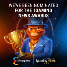 Endorphina nominated for Marketing Campaign of the Year at the iGaming News Awards 2026 featuring the House of Roaches campaign mascot holding a trophy.