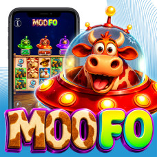Moo Fo promotional artwork featuring three cartoon cows in colorful UFOs flying through space above the Moo Fo game logo.