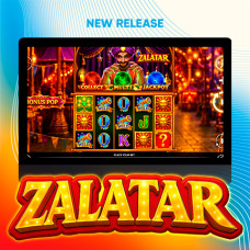 Zalatar slot game cover by Endorphina featuring a mystical fortune teller with a glowing crystal ball, magical marketplace, gold coins and colorful gemstones.